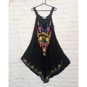 Ace Fashion Womens Size‎ Free Size Bohemian Tank Dress Black Colorful Embroidery